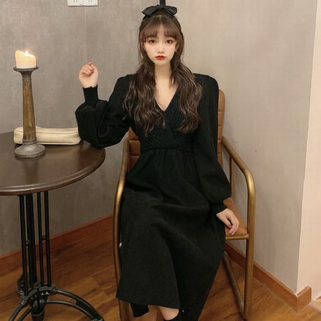 ワンピース Vネック 長袖 ハイウエスト ルーズ 韓国ファッション レディース ランタンスリーブロング丈 秋冬 ゆったり 大人可愛い ガーリー DTC-631969939063