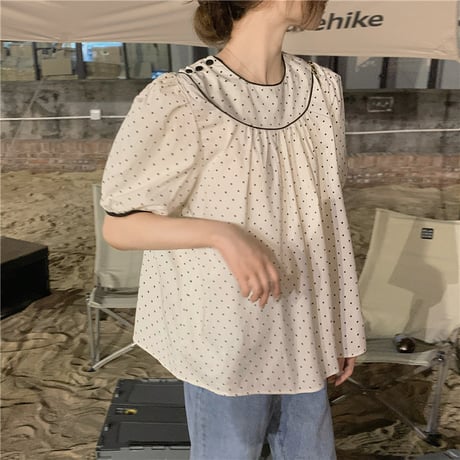 ドット柄 ブラウス パフ袖 半袖 薄手 韓国ファッション レディース 水玉 トップス 大人可愛い ガーリー フェミニン DTC-645578892500