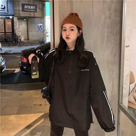 ハーフジップ プルオーバー トップス 韓国ファッション レディース 袖ライン ジャージ スポーツ カジュアル ストリート DTCA-624665017754