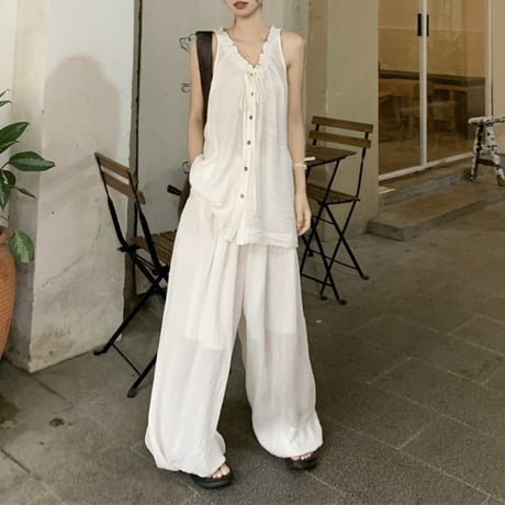 セットアップ 2点セット ノースリーブ シャツ ワイドパンツ ルーズ トップス モップパンツ レトロ 韓国ファッション レディース 大人可愛い ガーリー DTC-798283919671
