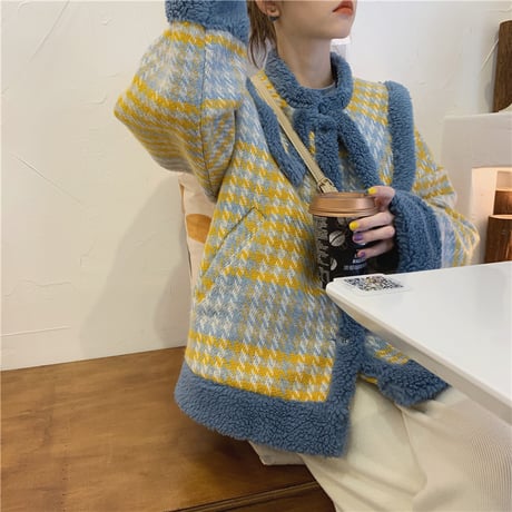 ボアブルゾン チェック柄 大きい襟 韓国ファッション レディース ジャケット ショートコート ボア ボアジャケット ガーリー (DTC-608932491876)