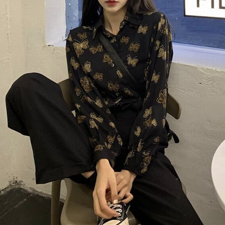 バタフライ柄 シャツ 蝶々 ブラウス 長袖 柄シャツ トップス ルーズ レトロ 韓国ファッション レディース 大人可愛い ガーリー カジュアル DTC-651836270524