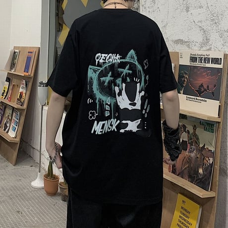 ユニセックス Tシャツ ネコプリント バックプリント 半袖 韓国ファッション メンズ レディース 大きめ ルーズ カジュアル ストリート系 DTC-638753135798