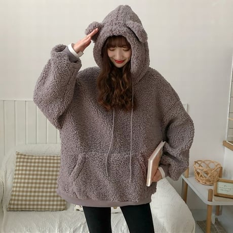 くま耳 ボアパーカー もこもこ パーカー 長袖 耳付き ポケット ボア トップス モコモコ 厚手 レトロ 韓国ファッション レディース 大人可愛い ガーリー DTC-655515206644