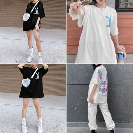 【2カラー】 ユニセックス Tシャツ 半袖 BADRABBIT うさぎ オーバーサイズ カジュアル 韓国ファッション メンズ レディース 韓国ストリートファッション DTC-619746188143