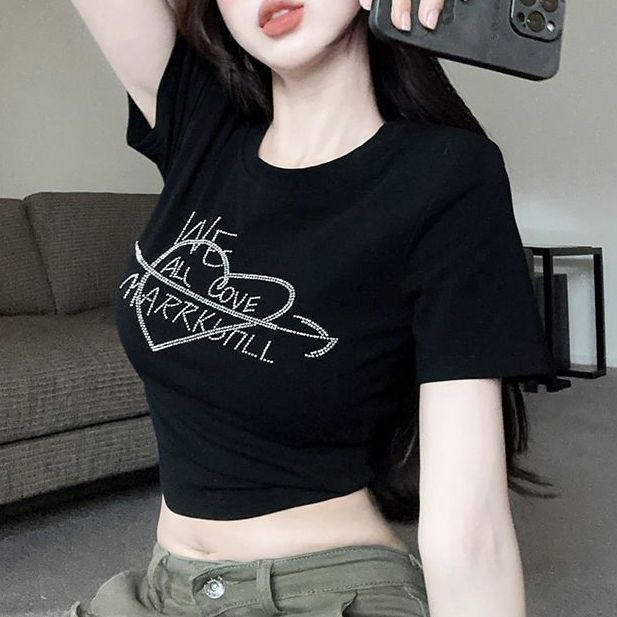 Tシャツ ラインストーン ハート ロゴ コンパクトTシャツ クロップド丈