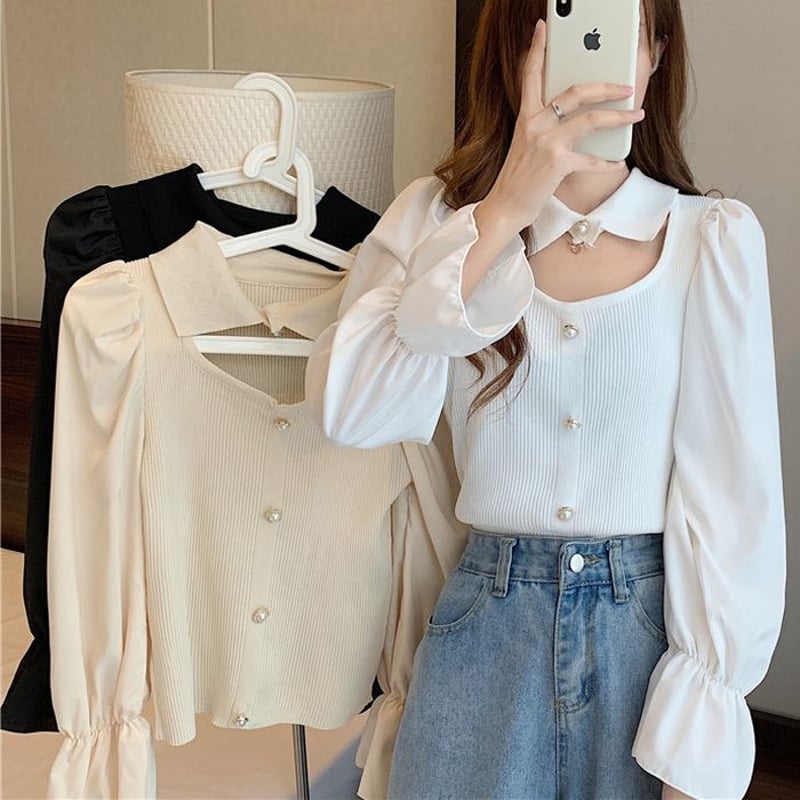 韓国 パフスリーブシャツ+スリットニットベスト かわいい ブラウス 異素材 胸開き ニット 袖切り替え 襟付き パフスリーブ