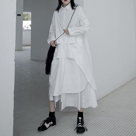 シャツワンピース ロングシャツ シャツ ワンピース アシンメトリー 不規則デザイン ルーズ 長袖 レトロ 韓国ファッション レディース 大人可愛い ガーリー DTC-634484580166
