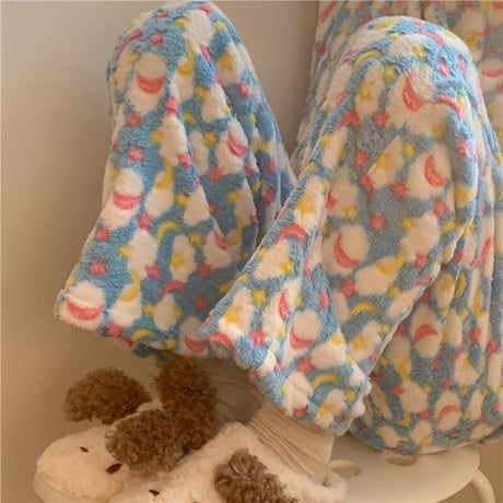 【ルームウェア】 選べる2タイプ パジャマ セットアップ トップス + パンツ フロントボタン フリース 長袖 上下セット 長袖 韓国ファッション レディース ガーリー 633212166815