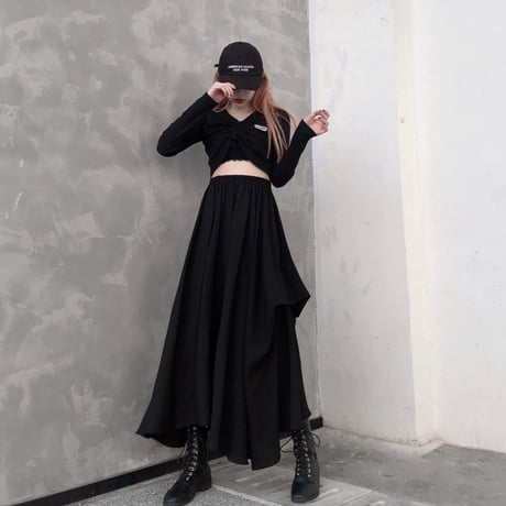 ロングスカート 不規則デザイン 韓国ファッション レディース スカート ロング丈 アシンメトリー Aライン ハイウエスト ブラック 大人可愛い ガーリー DTC-614521338995