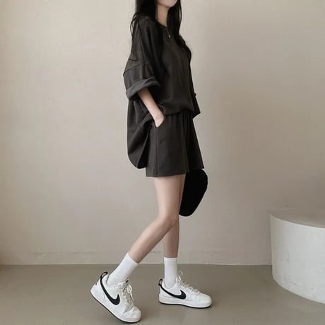 セットアップ 2点セット tシャツ ショートパンツ オーバーサイズ クルーネック 無地 ルームウェア レトロ 大人可愛い ガーリー カジュアル DTCA-839400393323