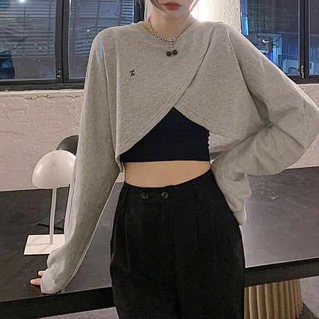 不規則 クロス トップス シンプル ルーズ 薄手 ショート丈 レトロ トレーナー 韓国ファッション レディース 大人可愛い ガーリー DTC-651057262550