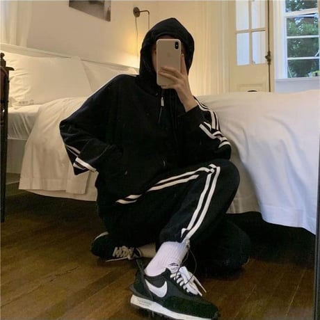 セットアップ 上下セット スウェット サイドライン ジップアップ パーカー パンツ ジャージ ルーズ レトロ 大人可愛い ガーリー カジュアル スポーツミックス DTCA-687375312327