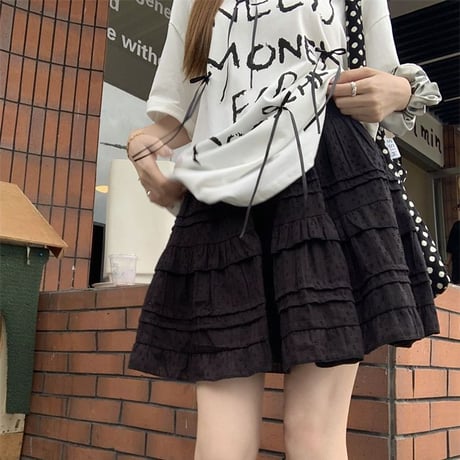Tシャツ リボン 英字 オーバーサイズ トップス 半袖 スカート ティアードミニスカート フリル レトロ 韓国ファッション レディース 大人可愛い ガーリー DTC-789326173684