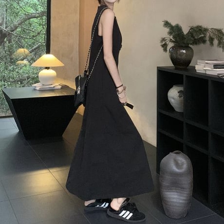 ノースリーブ ワンピース ハイウエスト Aライン プリーツ ロングワンピース レトロ 韓国ファッション レディース 大人可愛い ガーリー DTC-799805323009
