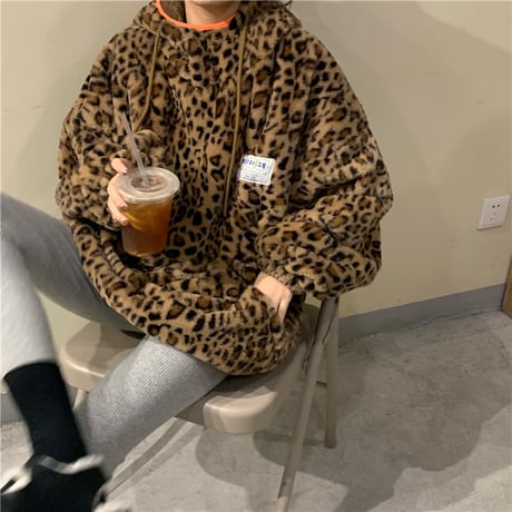 レオパード ボアパーカー プルオーバー オーバーサイズ ラムウール 韓国ファッション レディース ボアブルゾン ヒョウ柄 フリース もこもこ 防寒 ガーリー DTC-629124570504