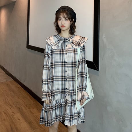 チェック柄 ワンピース フリル フロントボタン 韓国ファッション レディース シャツワンピース シングルブレスト 長袖 体型カバー 秋冬 秋 冬 (DTC-600797687356)