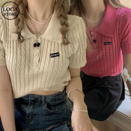 【2カラー】 サマーニット ポロカラー Tシャツ ケーブル編み ショート丈 ポロシャツ 半袖 レトロ 韓国ファッション レディース 大人可愛い ガーリー カジュアル DTC-646667312344