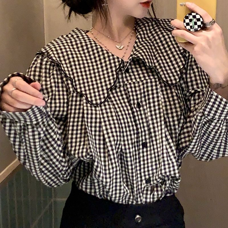 ギンガムチェック ブラウス ビッグカラー チェックブラウス 長袖