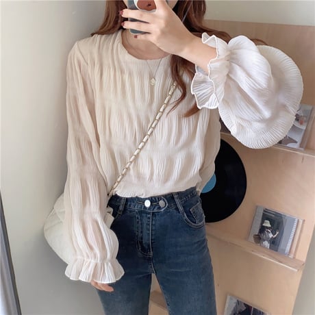 ティアード ブラウス ランタンスリーブ シフォン ルーズ プリーツ 長袖 レトロ トップス 韓国ファッション レディース 大人可愛い ガーリー フェミニン DTC-624138600439