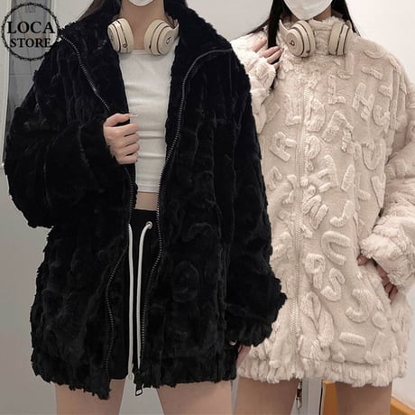 ファージャケット ボアジャケット ラムウール フェイクファー スタンドネック 厚め ジップアップ ルーズ レトロ 韓国ファッション レディース 大人可愛い ガーリー DTC-691162652827