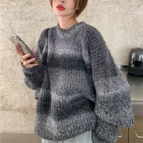 グラデーションボーダー ニット セーター 厚手 保温 長袖 プルオーバー オーバーサイズ 韓国ファッション レディース レトロ 大人可愛い ガーリー DTCA-821457872747