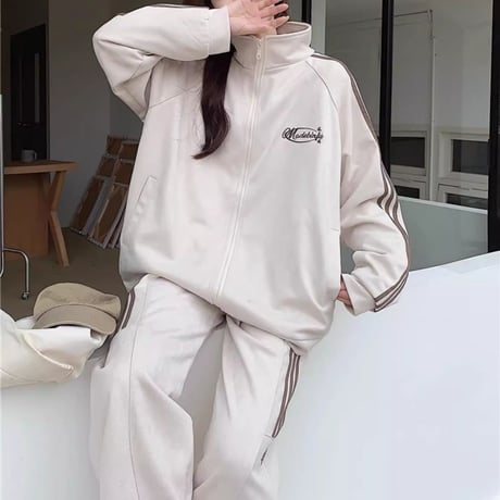セットアップ 上下セット ジャージ ロゴ サイドライン トップス ワイドパンツ カーゴパンツ ドロスト ジップアップ 長袖 ルーズ レトロ カジュアル DTCA-829056711681