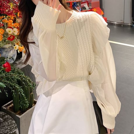 ニットソー ラッフル シースルースリーブ ドッキング 切り替え ニット トップス 透け感 長袖 薄手 レトロ 韓国ファッション レディース 大人可愛い ガーリー DTC-655645457250