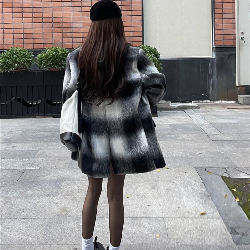 チェック柄 ショートコート フェイクウール ウールコート チェック柄 ショートコート フェイクウール ウールコート