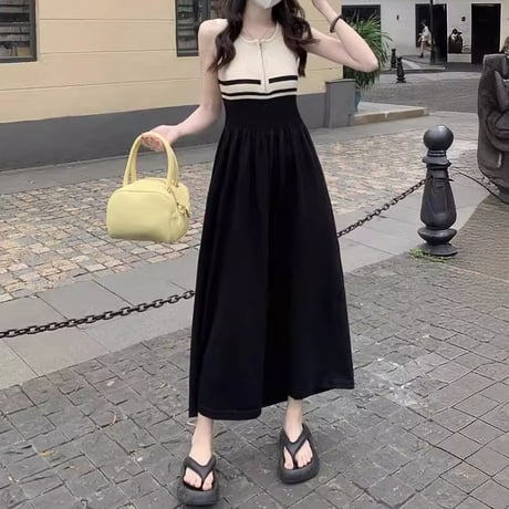 ニットワンピース ノースリーブ ファスナー サマーニット スリムフィット Aライン ロングワンピース ハイウエスト レトロ 大人可愛い ガーリー DTCA-823649264982