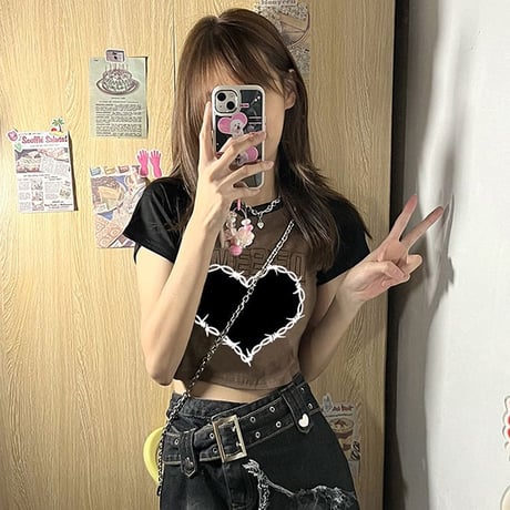 クロップド丈 Tシャツ 有刺鉄線 ハート ラグランスリーブ スリムフィット へそ出し 半袖 レトロ 韓国ファッション レディース 大人可愛い ガーリー DTC-715452073111
