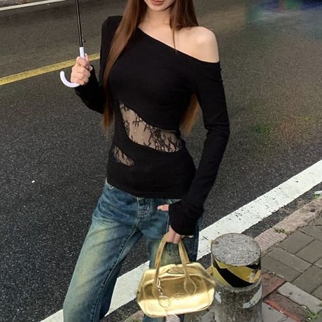 レース切替え オフショルダー ロンT スリムフィット トップス Tシャツ オフショル 長袖 レトロ 大人可愛い ガーリー DTCA-840082839514