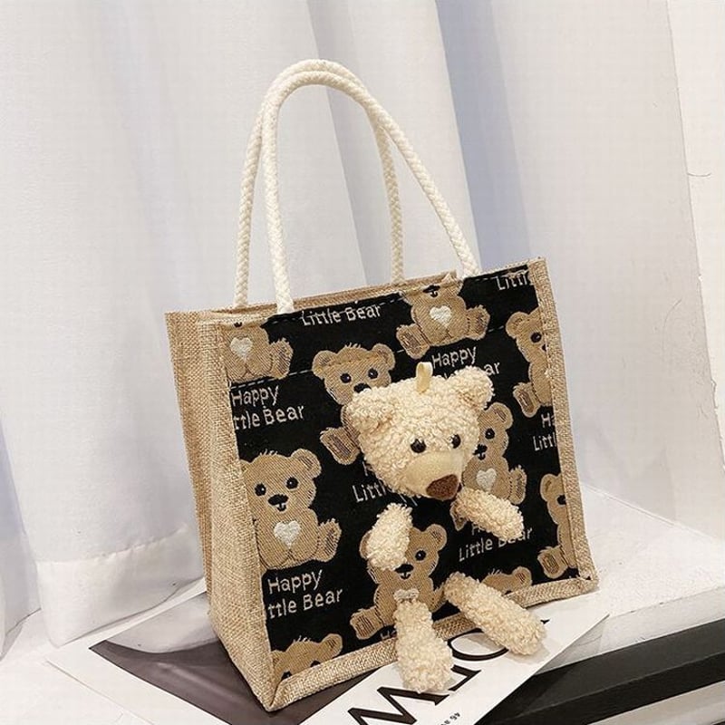 クマのぬいぐるみ付き 麻バッグ クマ柄 ハンドバッグ キャンバスバッグ
