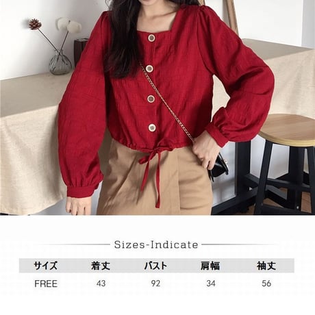 ショートブラウス レッド 韓国ファッション レディース ブラウス ショート丈 パフスリーブ フロントボタン スクエアカラー シンプル 春 秋 韓国 (DTC-602170535172_red)