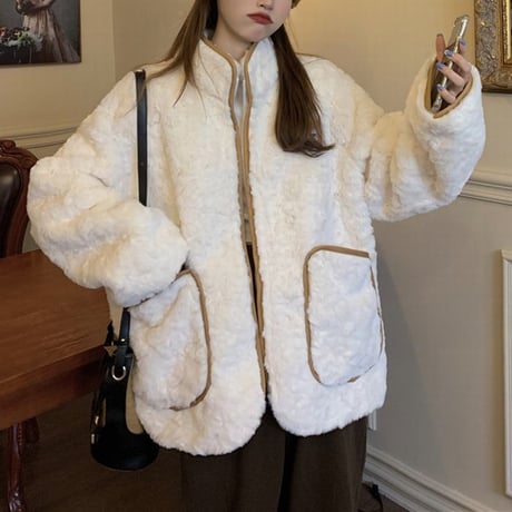 ボアジャケット ボアブルゾン もこもこ ゆったり ボア ラムウール ドロップショルダー 配色 ジップアップ 韓国ファッション レディース 大人可愛い ガーリー DTC-658129547530