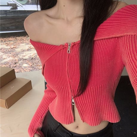 6カラー ダブルジップ ニット オフショルダー クロップド丈 トップス オフショル スリムフィット 長袖 レトロ 韓国ファッション レディース 大人可愛い ガーリー DTC-735530117178