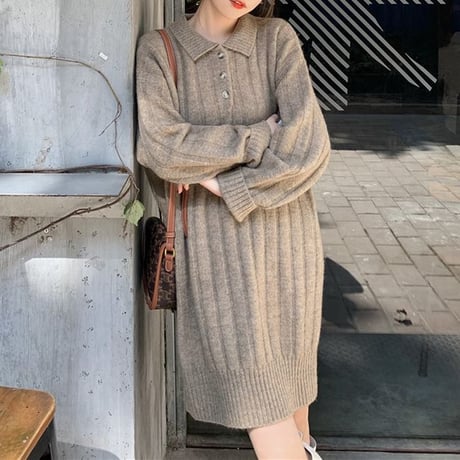 襟付き ニットワンピース ポロニット 厚手 ニット ワンピース ゆったり 韓国ファッション レディース カジュアル 大人可愛い ガーリー DTC-658628360608