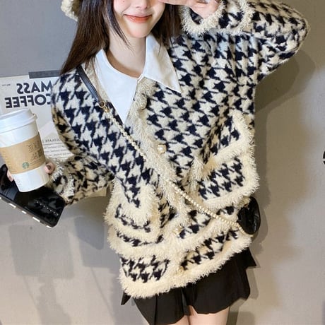 千鳥格子柄 ボア ジャケット カーディガン アウター ノーカラージャケット チェック柄 韓国ファッション レディース レトロ 大人可愛い ガーリー DTC-657464640943