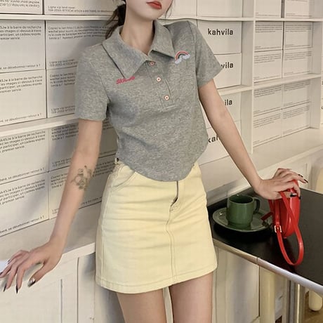 ポロシャツ レインボー 半袖 トップス ショート丈 ポロ襟 クロップド丈 レトロ 韓国ファッション レディース 大人可愛い ガーリー カジュアル DTC-677869246820