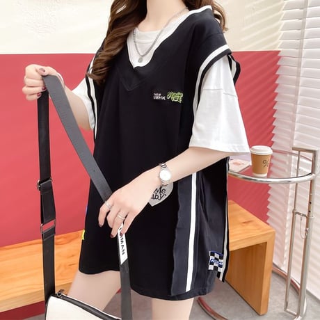 フェイクレイヤード Tシャツ ベスト ドッキングトップス 薄手 オーバーサイズ プルオーバー 半袖 レトロ 韓国ファッション レディース 大人可愛い ガーリー DTC-674778788204