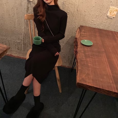 【ワンピース】 ニットワンピース ハイウエスト 長袖 韓国ファッション レディース タートルネック レトロ かわいい ガーリー 627406052202