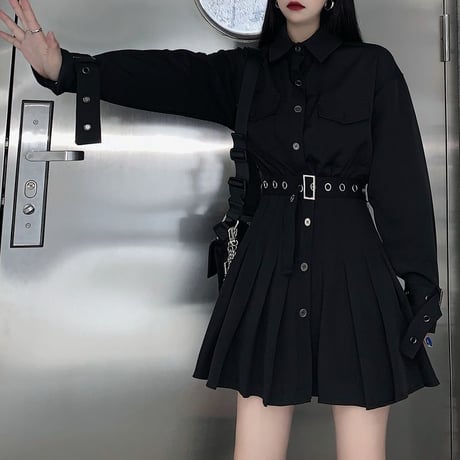 シャツワンピース プリーツ ウエストマーク 袖ベルト プリーツスカート Aライン 長袖 レトロ 韓国ファッション レディース 大人可愛い ガーリー ゴシック 暗黒系 DTC-636037263078