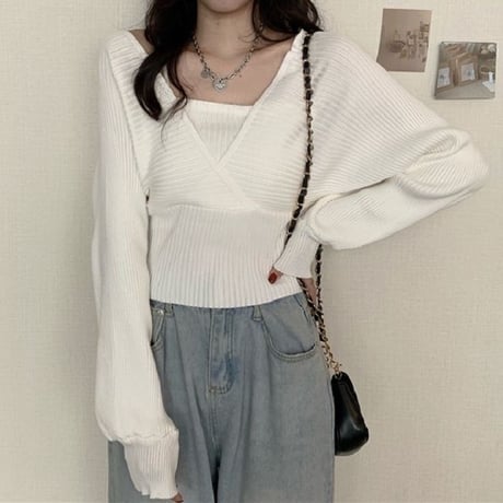 リブニット フェイクレイヤード ルーズ 長袖 セーター 韓国ファッション レディース ニット ゆったり 大人可愛い ガーリー DTC-653558986383