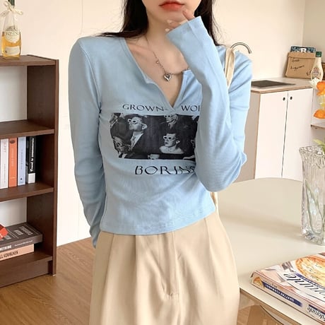 【3カラー】 Tシャツ 長袖 キーネック ショート丈 ロンT カットソー レトロ 韓国ファッション レディース 大人可愛い ガーリー カジュアル DTC-666641340557