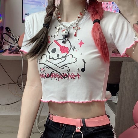 【2カラー】 Tシャツ メローロック ドクロ スカル クロップド丈 ショート丈 へそ出し 半袖 韓国ファッション レディース 大人可愛い ガーリー カジュアル DTC-644035797272