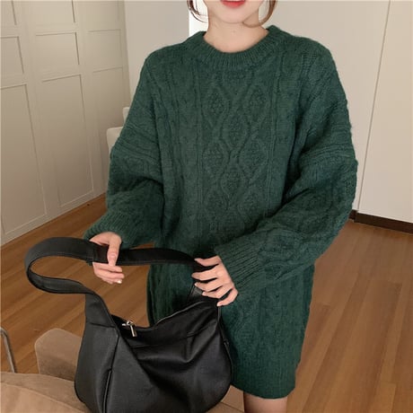 ニット ツイストセーター ケーブル編み ラウンドネック ロング丈 ラウンドネック ルーズ 韓国ファッション レディース レトロ 大人可愛い ガーリー カジュアル DTC-655238426395