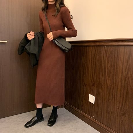 【ワンピース】 ニットワンピース ハイウエスト 長袖 韓国ファッション レディース タートルネック レトロ かわいい ガーリー 627406052202