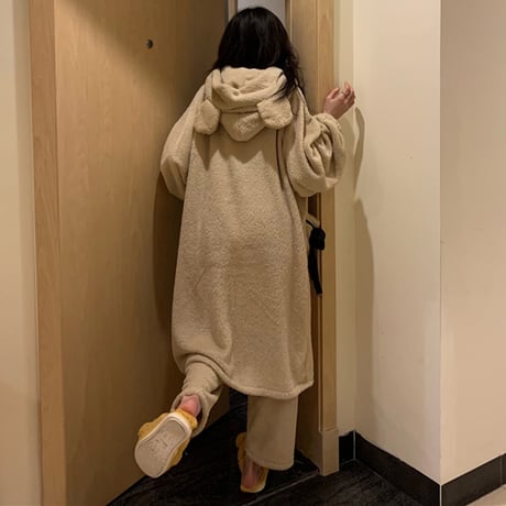 ルームウェア フード付き パジャマ セットアップ ナイトガウン + パンツ フリース ベルベット 長袖 上下セット 長袖 韓国ファッション レディース ガーリー 636487339930