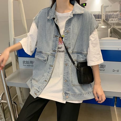 デニムベスト ジレ ベストジャケット デニム オーバーサイズ ビッグシルエット レトロ 韓国ファッション レディース ガーリー カジュアル ストリート系 DTC-651919599376
