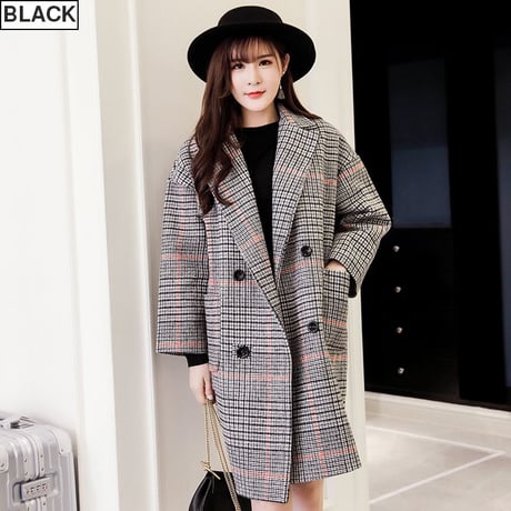 チェスターコート チェック柄 ひざ丈 韓国 ファッション レディース アウター ウールコート ダブルブレス レトロ ガーリー (DTC-603144493061)